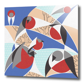 Birds bullfinches in blue, red and cream colors