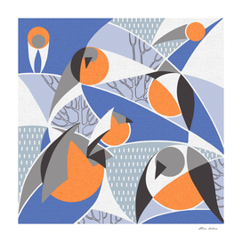 Birds bullfinches in blue, grey and orange colors