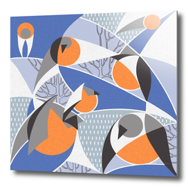 Birds bullfinches in blue, grey and orange colors