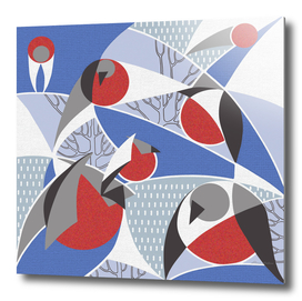 Birds bullfinches in blue, red and grey colors