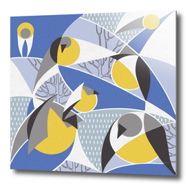 Birds bullfinches in blue, yellow and grey colors