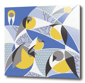 Birds bullfinches in blue, yellow and grey colors