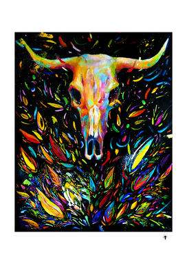 Cow skull with horns, picturesque, on a black background