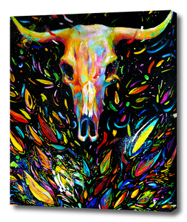 Cow skull with horns, picturesque, on a black background