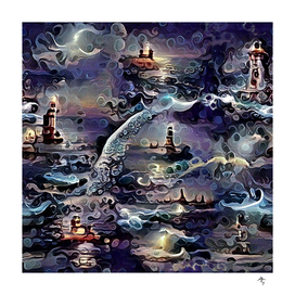 sea, lighthouses, night, bubbles, geometry, illusions,