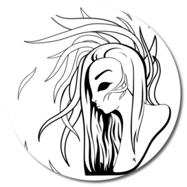 Virgo, a witch with long hair in profile.