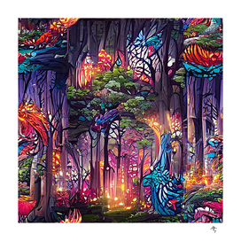 stained glass, magical forest,