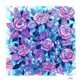 Roses Pink Blue Floral Sketch Ink Watercolor