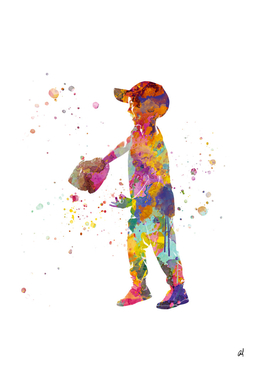 Boy plays baseball in watercolor