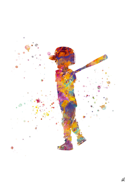 Boy plays baseball in watercolor