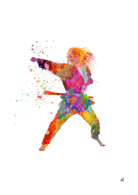 Woman practices karate in watercolor