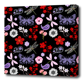 Black, Red, Pink, Purple, Dragonflies, Butterfly and Flowers