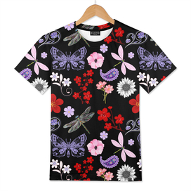 Black, Red, Pink, Purple, Dragonflies, Butterfly and Flowers