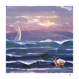 sea, girl, sailboat, sunset, waves, evening,