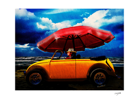 Red Beach Umbrella and the Yellow Roadster in the Rain