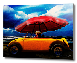 Red Beach Umbrella and the Yellow Roadster in the Rain