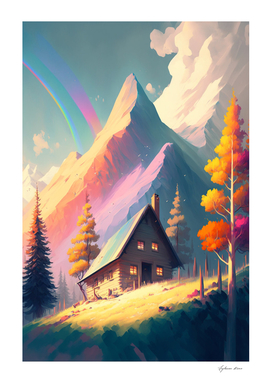 Farmhouse drawn in soft pastel colors