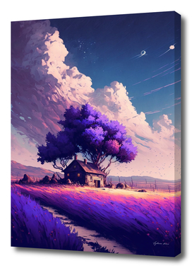 small cottage with lavender field and high purple