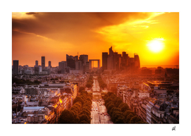 la defense and champs elysees at sunset in paris