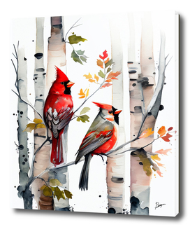 Birch trees and Cardinals Watercolor Art Print