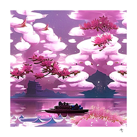 spring 3d,sakura, clouds, boat, roofs