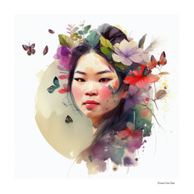 Watercolor Floral Asian Woman #3