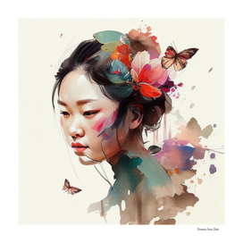 Watercolor Floral Asian Woman #4