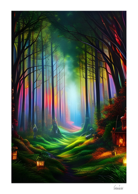 Dreamy Rainbow Colored Forest Trail - Digital AI Art