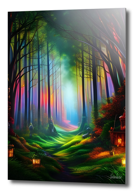 Dreamy Rainbow Colored Forest Trail - Digital AI Art