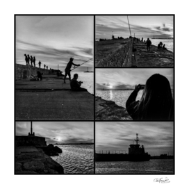 Coastal sunset black and white scene collage, montevi