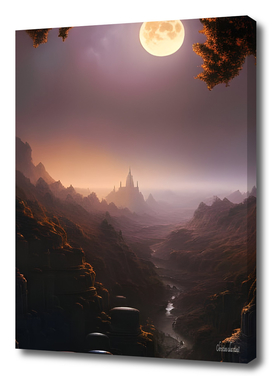 Mystic Full Moon over Fantasy Red Rock Valley Digital AI Art