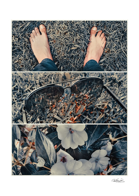 Bare feet, sunglasses and flowers on the grass collag