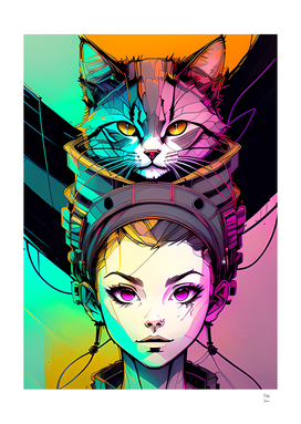 Cyber Girl with Cat Artwork Illustrations