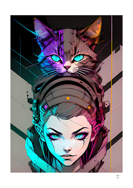 Cyber Girl with Cat Artwork Illustrations