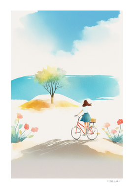 A woman rides bicycle to the beach