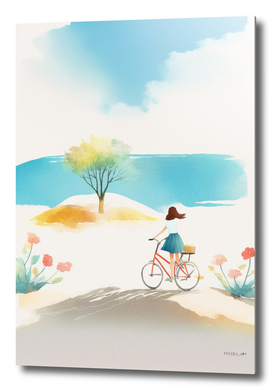 A woman rides bicycle to the beach