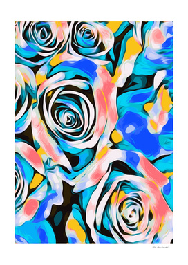 blue pink white and yellow roses texture background