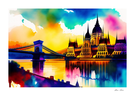 Budapest Skyline watercolor Chain Bridge Danube River