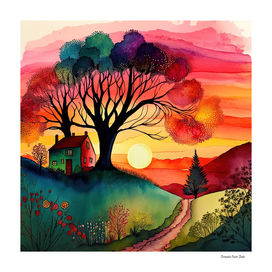 Watercolor Folk Art Sunset #1