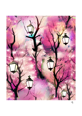 sakura, lanterns, spring, evening