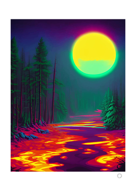 Neon Moon, Color Pop Art Glow Forest, Nature Landscape