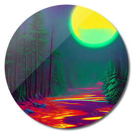 Neon Moon, Color Pop Art Glow Forest, Nature Landscape