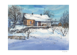 Winter landscape, watercolor painting