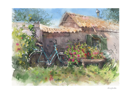 Bike near the fence in flowers in nature. Watercolor