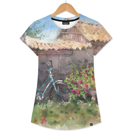 Bike near the fence in flowers in nature. Watercolor