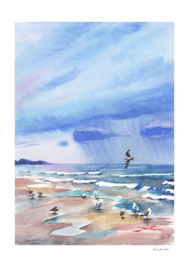 Seascape with seagulls. Watercolor