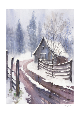 Snow Art Original Watercolor, Winter Landscape