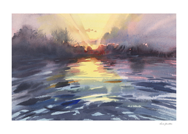 Sunrise on the lake. Watercolor