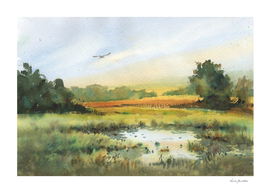 Landscape sunny morning. Watercolor