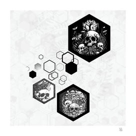 Skulls, mushrooms, ferns, psychedelic creatures and hexagons